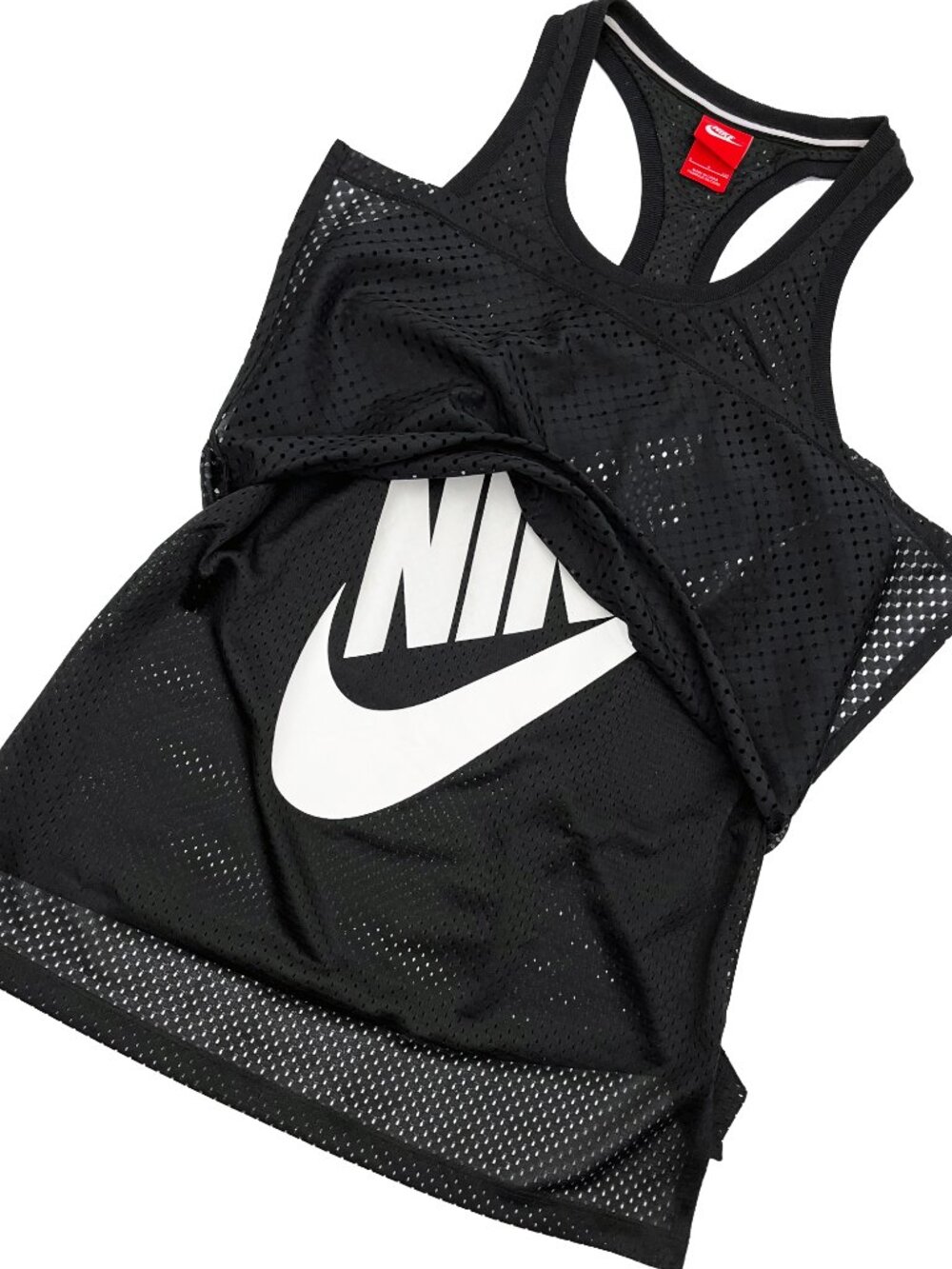 Nike Mesh Overlay Tank Top Black White Graphic Logo Racerback Womens S